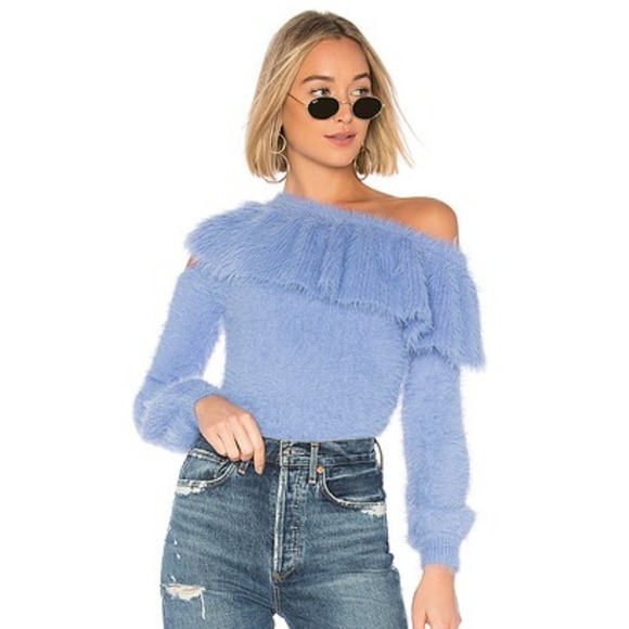 House of Harlow x REVOLVE Blue Fuzzy Ruffle One Shoulder Sweater Small - Picture 1 of 7